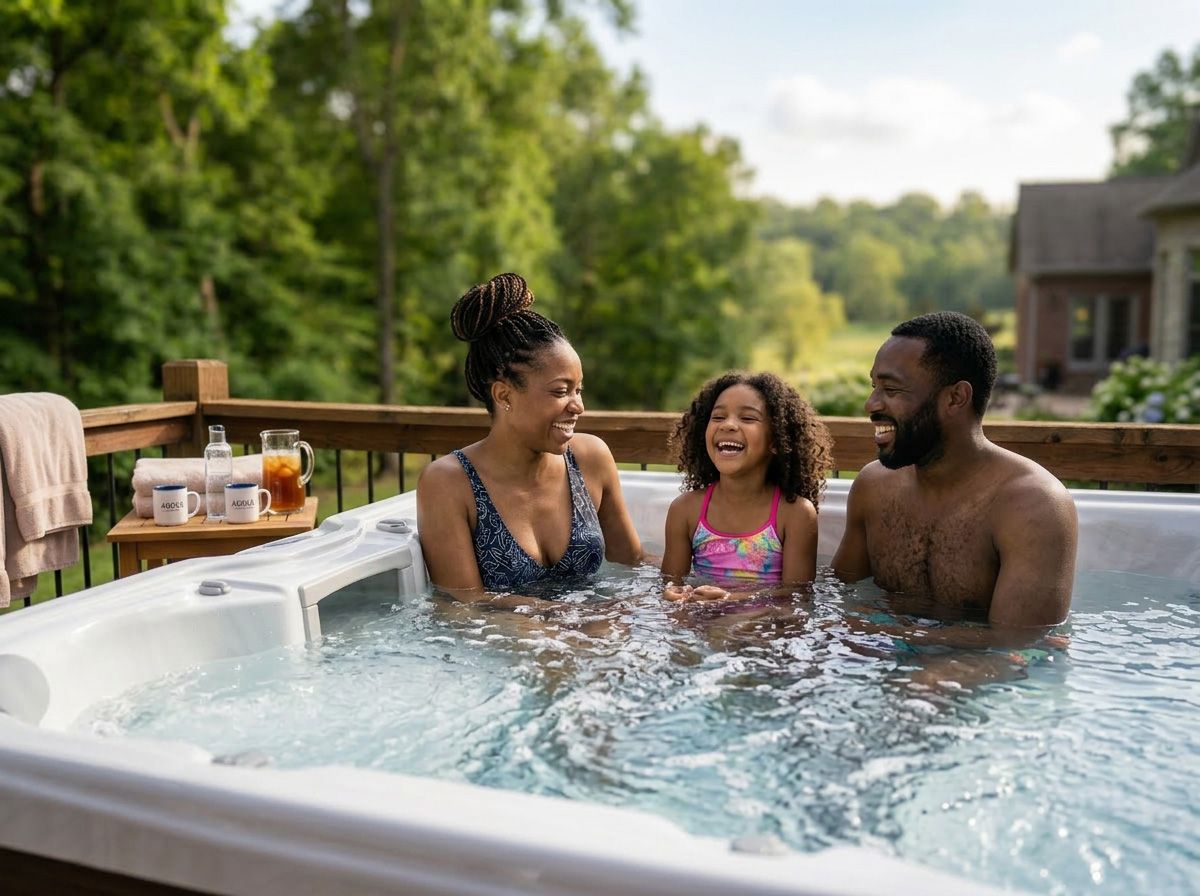A happy family of four relaxing and laughing together in a hot tub from Aspen Spas.