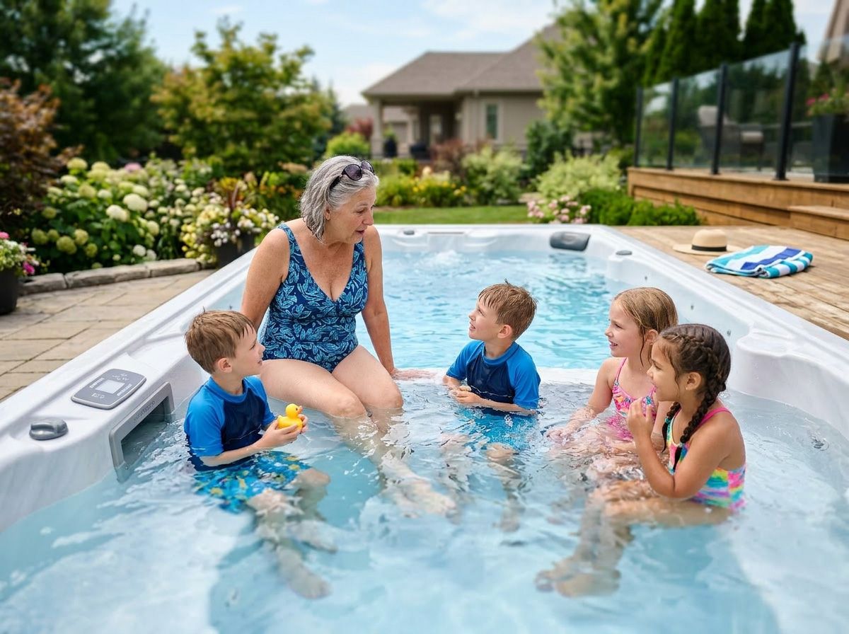 A grandmother sitting outside in a hot tub with here grandchildren listening to them tell stories.
