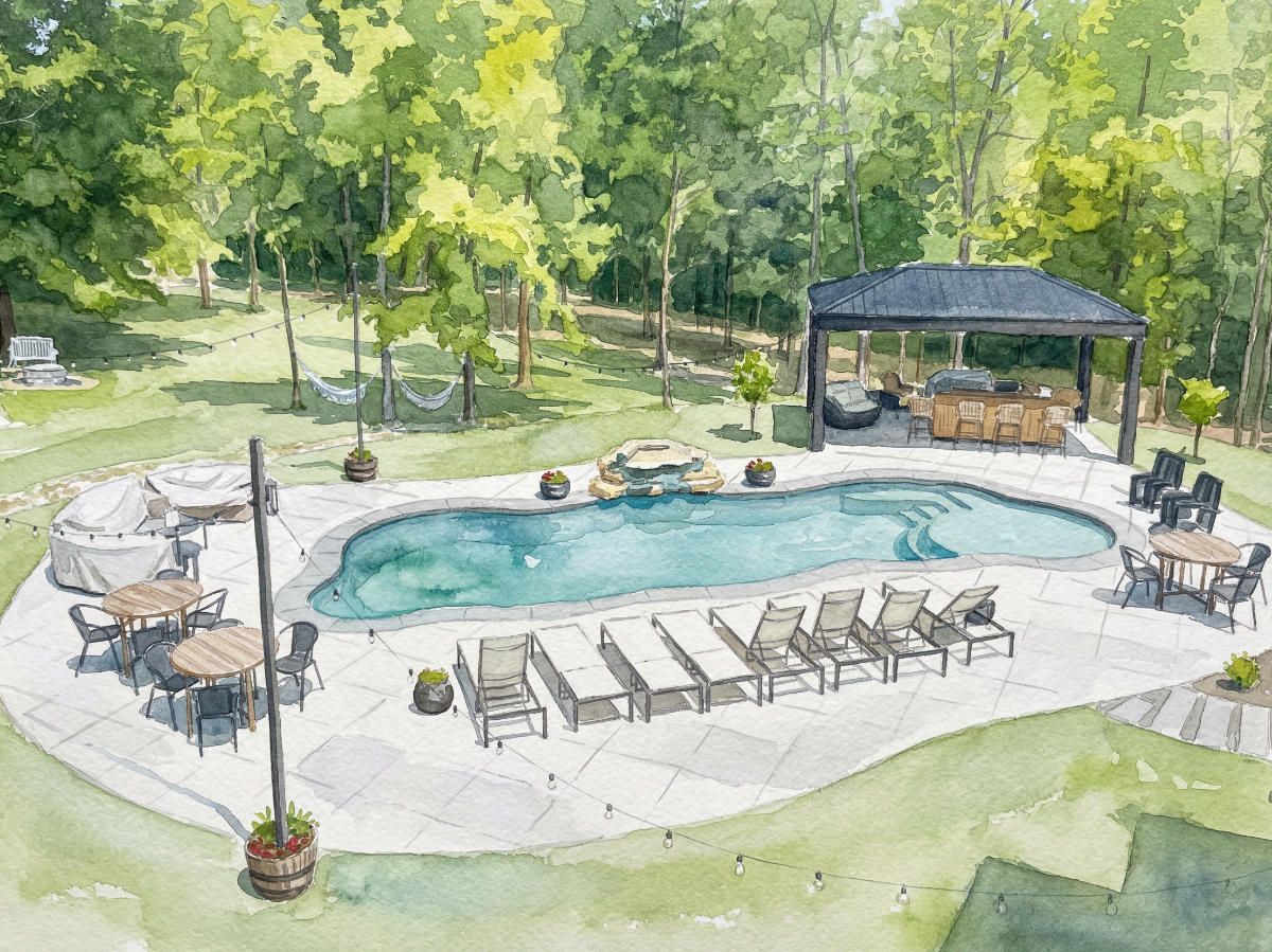 Freeform fiberglass in-ground pool and organic concrete patio in a forest-like back yard setting in Crestwood, Kentucky.
