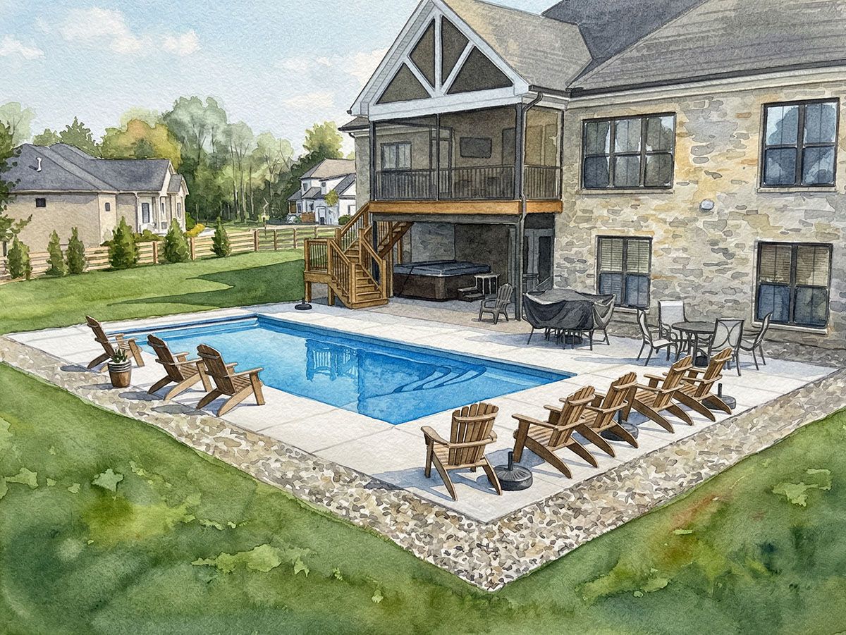 Rectangular in-ground fiberglass pool behind a two story hour in Crestwood, Kentucky.