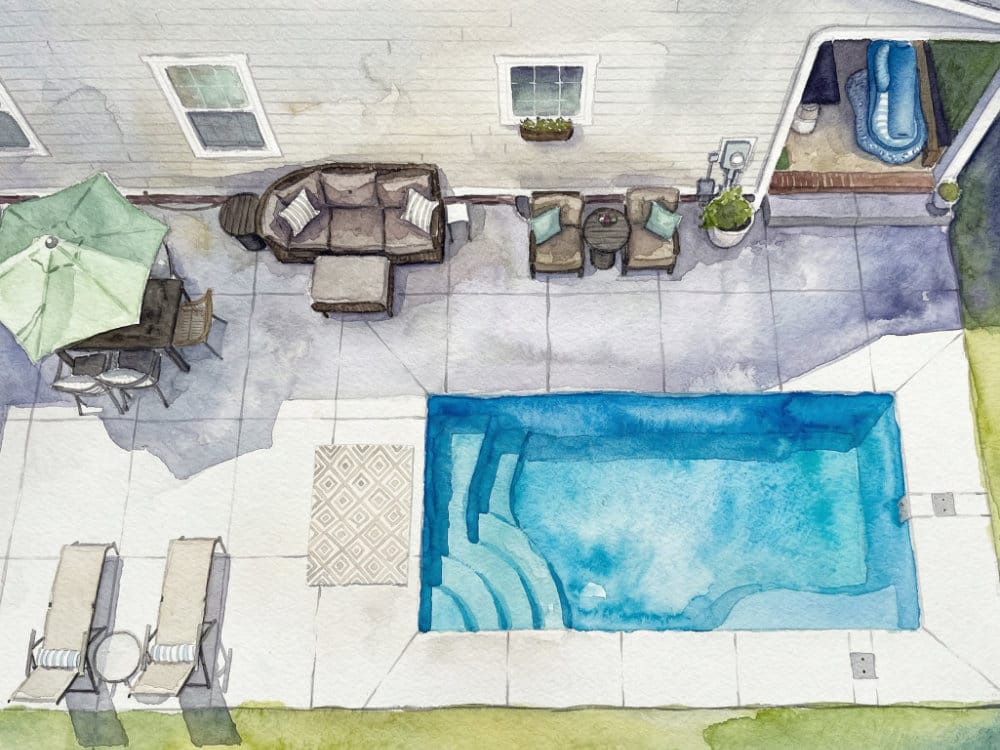Aerial view of a rectangular in-ground fiberglass pool and concrete patio behind a nice house in Prospect, Kentucky..